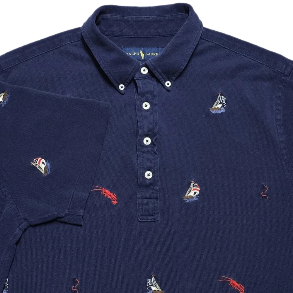 Ralph Lauren Knit Oxford Polo Shirt Adult Medium Embroidered Sailboat Lobster‎